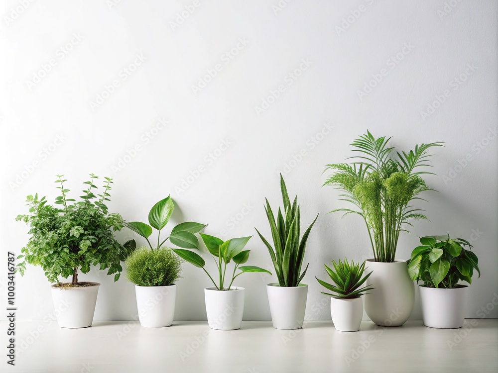 Fototapeta premium Sleek arrangement of green plants against a white backdrop for a fresh, modern aesthetic, perfect for enhancing clean and contemporary living spaces.