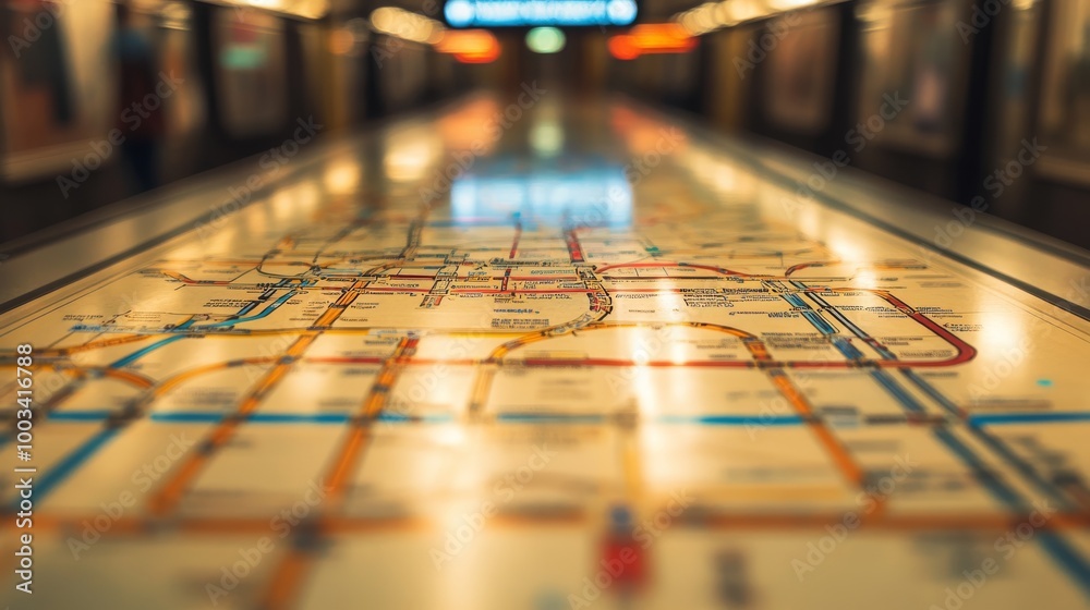 Obraz premium A close-up view of a subway map, with blurred surroundings, highlighting the intricate network of transportation routes.