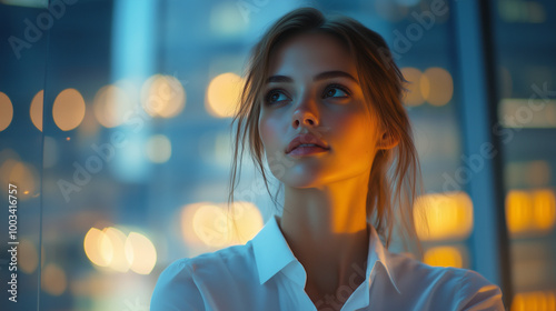 portrait of a woman against dawn city background