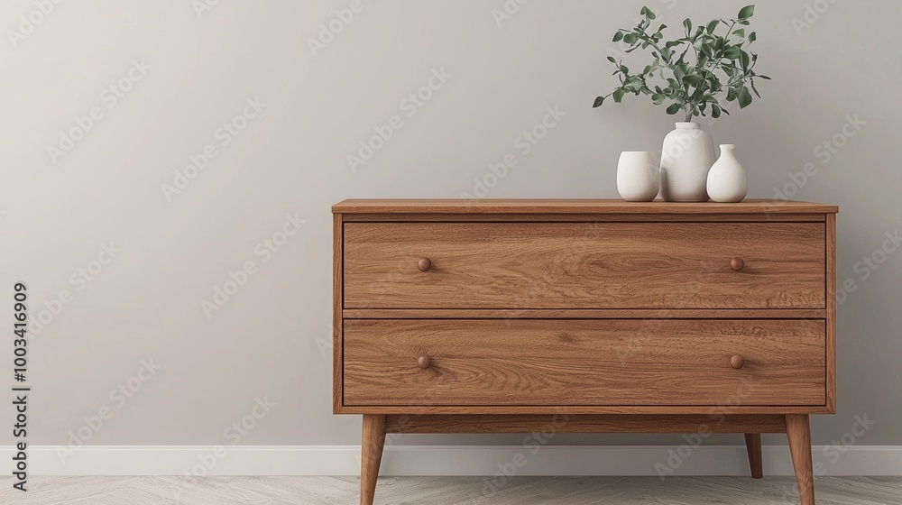 Modern wooden furniture with potted plant and vases against a neutral wall. Modern wooden furniture with potted plant and vases against a neutral wall.