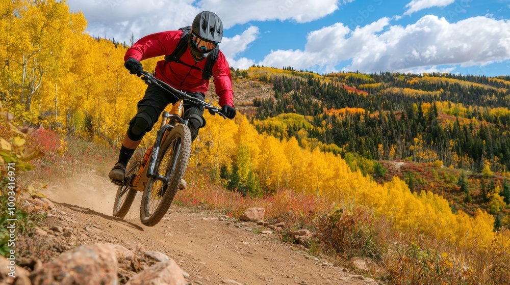 Fototapeta premium Mountain biker riding downhill on a trail amidst autumn foliage.