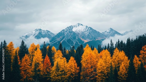 Mountain landscape with vibrant autumn trees and cloudy sky.