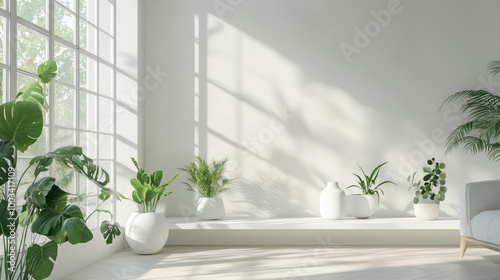 A living room with plants and white vases on the table, white walls, light wood flooring, an empty shelf in front of it for artwork or decor items