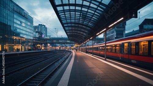 A modern train station with sleek architecture, glass structures, and empty platforms, set against a darkening sky as a train departs.