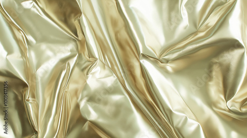 a close-up, top-down view of the surface of an extremely over-inflated metallic champagne down jacket, showcasing light, elegant gold tones photo