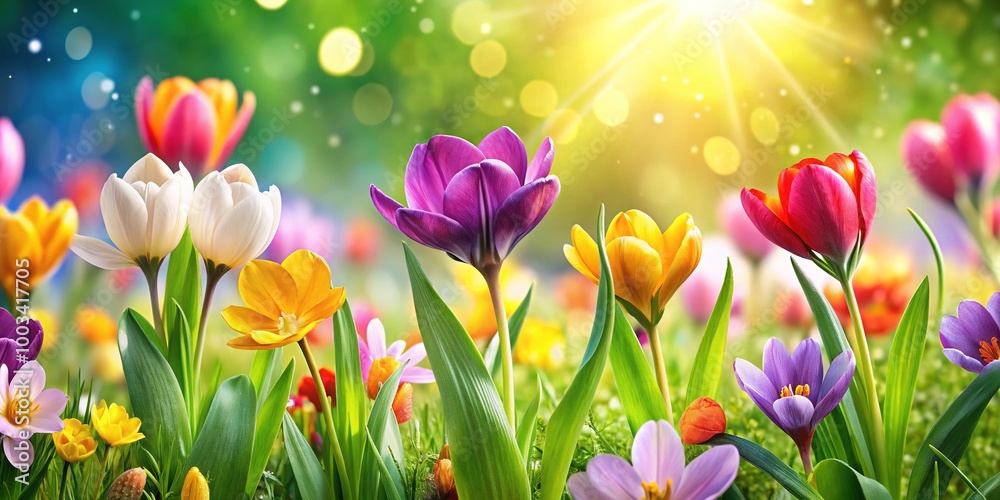 Vibrant spring flowers with blooming petals and fresh green leaves create a beautiful backdrop, perfect for seasonal decoration and bringing joy to any space. Vibrant spring flowers with blooming petals and fresh green leaves create a beautiful backdrop, perfect for seasonal decoration and bringing joy to any space.