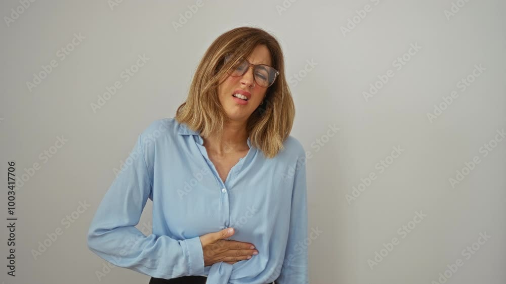 Young woman wearing glasses standing with hand over painful stomach, blonde female experiencing nausea and abdominal ache, isolated against white background Young woman wearing glasses standing with hand over painful stomach, blonde female experiencing nausea and abdominal ache, isolated against white background