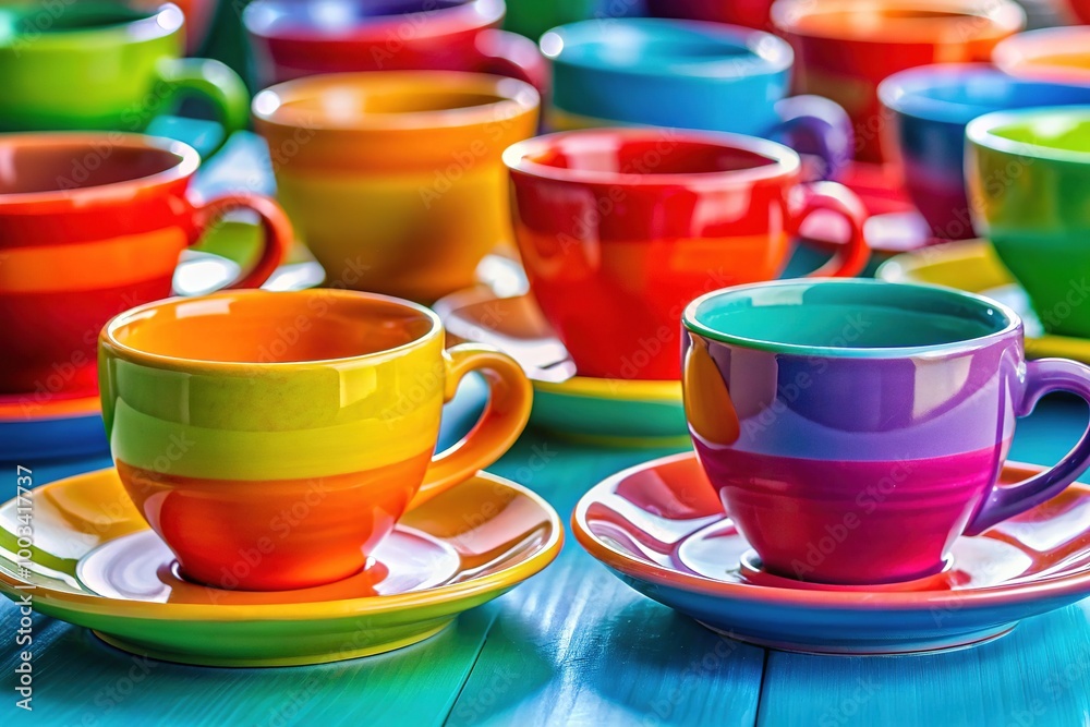 Vivid coffee cups and saucers painting set against a bright backdrop, perfect for adding artistic flair to home decor and enhancing your design aesthetic. Vivid coffee cups and saucers painting set against a bright backdrop, perfect for adding artistic flair to home decor and enhancing your design aesthetic.