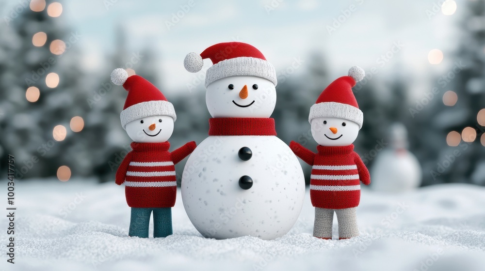 Snowmen with red hats and scarves in a winter wonderland setting. Snowmen with red hats and scarves in a winter wonderland setting.