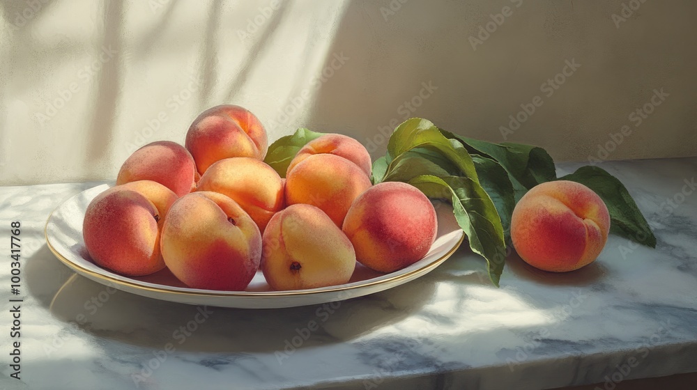 A bowl of peaches on a marble countertop, with sunlight casting soft shadows and highlighting the vibrant colors. A bowl of peaches on a marble countertop, with sunlight casting soft shadows and highlighting the vibrant colors.