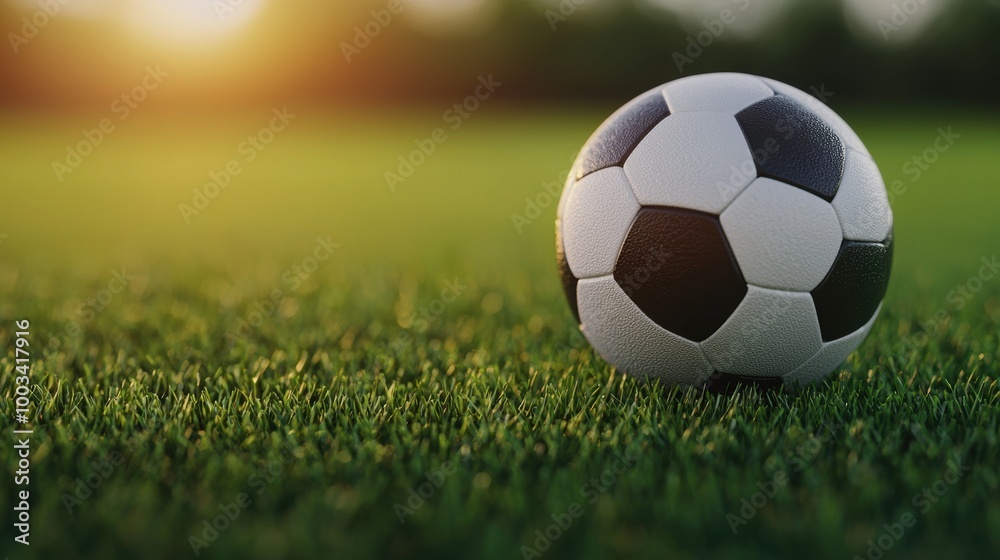 Fototapeta premium Soccer ball on green grass during sunset, vibrant setting.