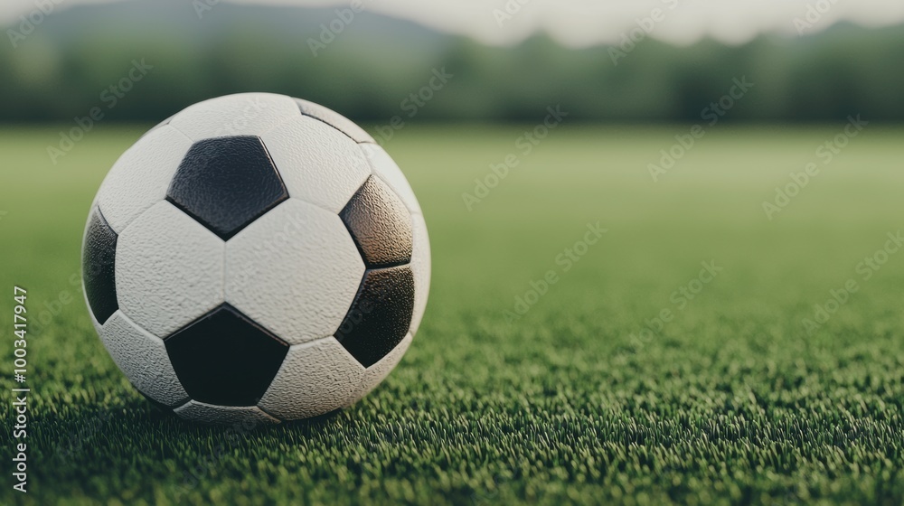 Soccer ball resting on green grass field with blurred background. Soccer ball resting on green grass field with blurred background.