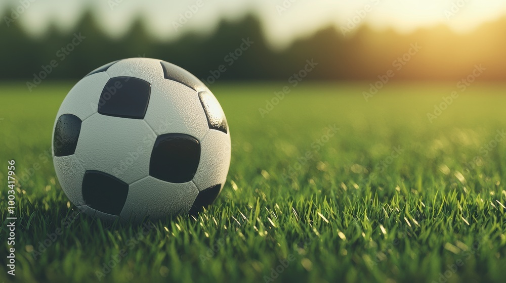 Obraz premium Soccer ball on green grass field illuminated by sunlight.