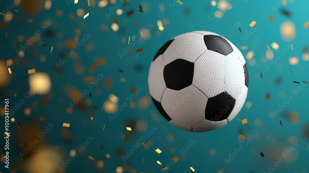 Naklejka premium Soccer ball with confetti on a blue background, creating a festive sports atmosphere.