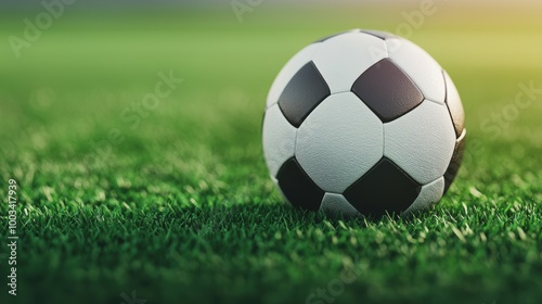 Soccer ball on green grass field under sunlight, close-up view.