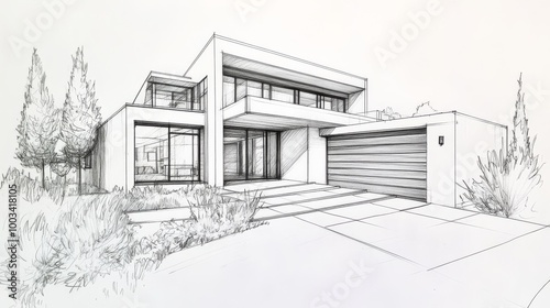 Modern architectural sketch of a two-story