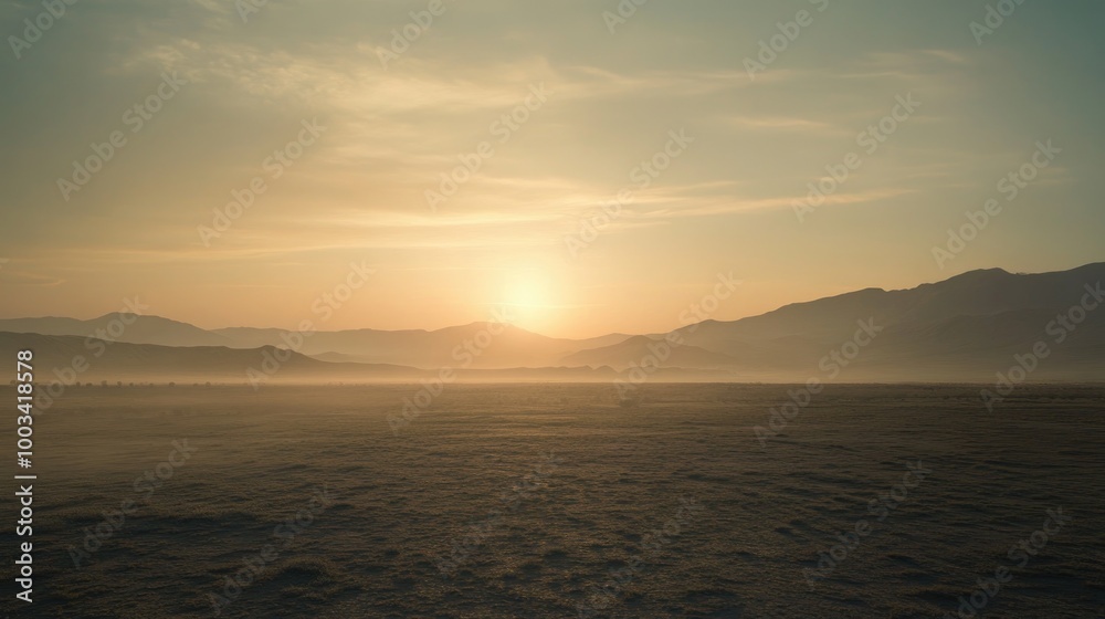 A hazy desert evening, with the sun setting behind a distant mountain range, casting a warm, soft light over the barren landscape. A hazy desert evening, with the sun setting behind a distant mountain range, casting a warm, soft light over the barren landscape.