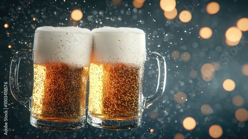 Two frothy beer mugs clinking together, festive bokeh background. photo