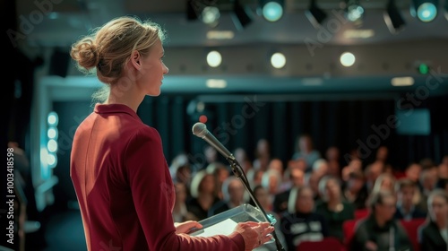 Woman Giving a Presentation in a Large Hall
