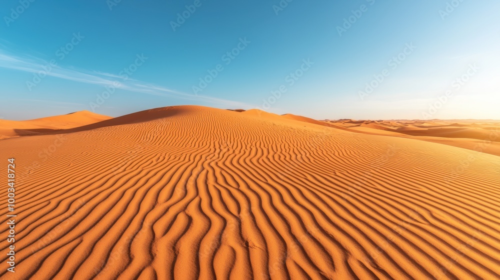 Naklejka premium Vast desert landscape with gentle dunes under a clear blue sky.