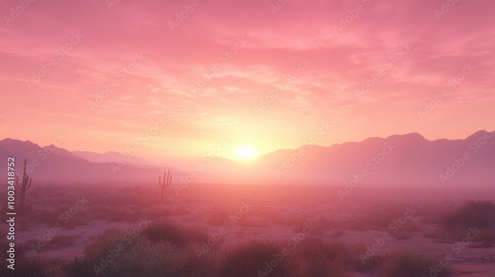 Fototapeta premium A hazy sunset in the desert, with the sky glowing in shades of pink and orange, and the distant mountains barely visible.