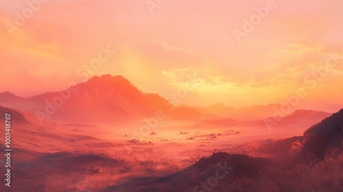 A hazy desert landscape with wind-swept dunes at sunset, the sky glowing in warm shades of pink and orange.