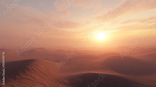 A hazy desert scene at dusk, with the setting sun casting a warm glow over the rippling sand dunes.