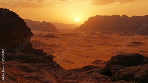 A hazy sunset over a rocky desert, with jagged cliffs and boulders bathed in soft orange light.