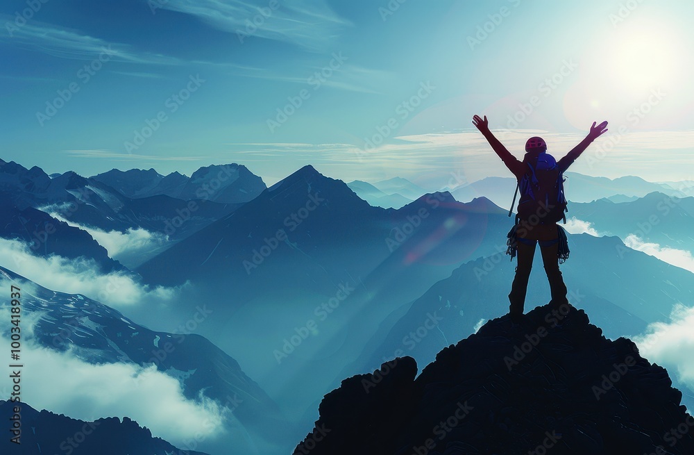 Silhouette of a Hiker Standing with Arms Raised on a Mountain Peak Silhouette of a Hiker Standing with Arms Raised on a Mountain Peak
