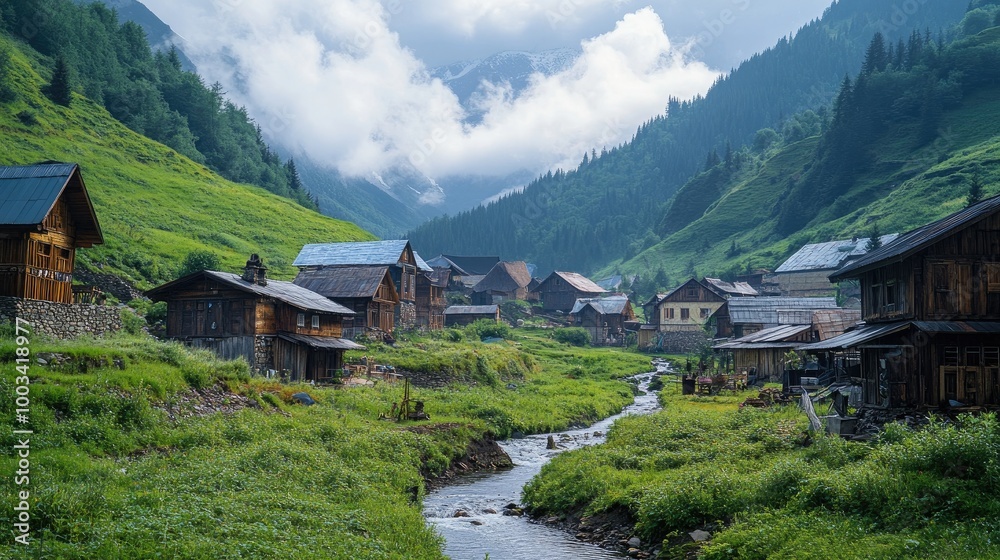 A mountain village nestled in a valley, with traditional wooden houses and a stream running through the middle. A mountain village nestled in a valley, with traditional wooden houses and a stream running through the middle.