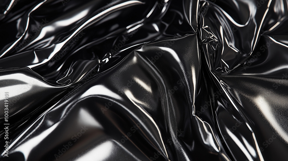 a close-up, top-down view of the surface of an extremely over-inflated metallic black down jacket, with deep, shiny black reflections and glossy highlights a close-up, top-down view of the surface of an extremely over-inflated metallic black down jacket, with deep, shiny black reflections and glossy highlights