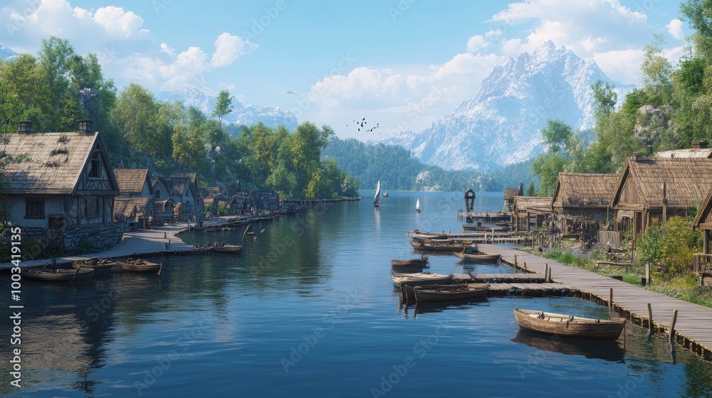 A peaceful lakeside village, with wooden piers stretching out into the water and boats tied to docks. A peaceful lakeside village, with wooden piers stretching out into the water and boats tied to docks.