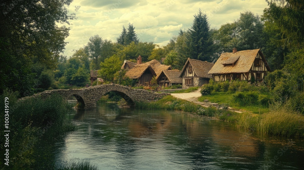 Obraz premium A peaceful village by a river, with wooden cottages and a stone bridge crossing the water.