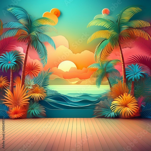 Create a colorful and vibrant 3x4 meter backdrop with a tropical island theme, perfect for a photo op area. The backdrop features palm trees swaying in the breeze, a