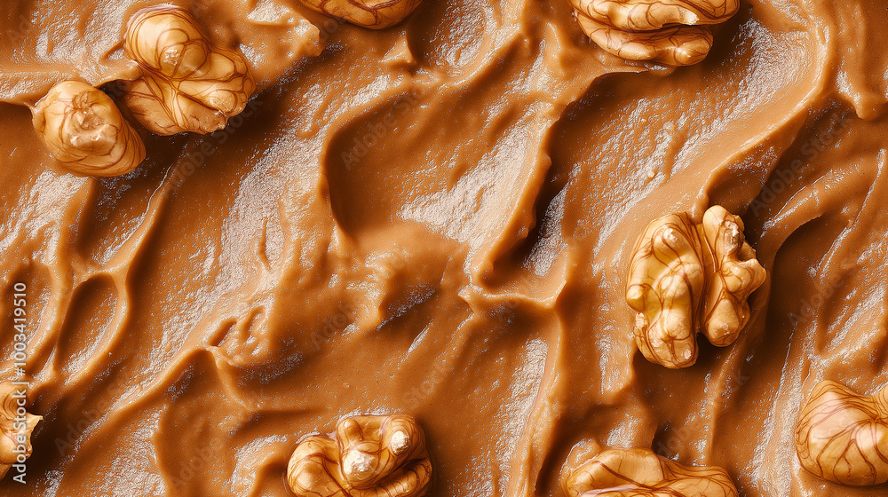 a close-up, top-down view of tiger nut paste spread across the frame, filling the image with its soft brown color and slightly grainy texture