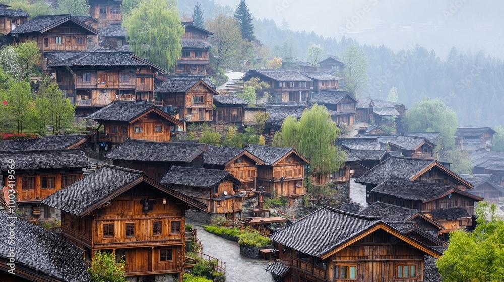 Fototapeta premium A village in the mountains, with wooden cottages and steep streets winding up the hillside.