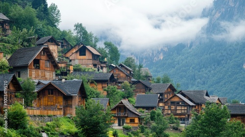 Wallpaper Mural A village in the mountains, with wooden cottages and steep streets winding up the hillside. Torontodigital.ca