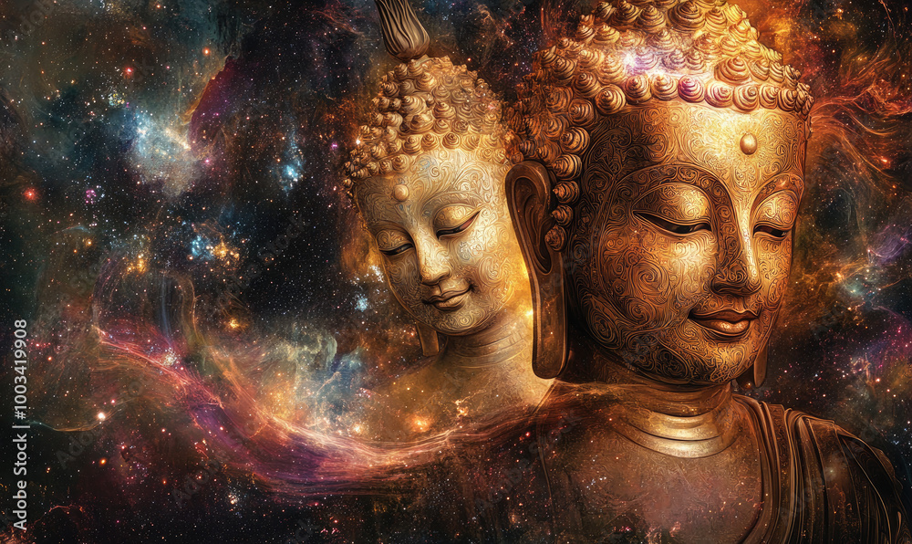 An artistic representation of the sacred geometry and cosmic connection between two Buddha statues, with swirling patterns in their heads and ethereal lights An artistic representation of the sacred geometry and cosmic connection between two Buddha statues, with swirling patterns in their heads and ethereal lights