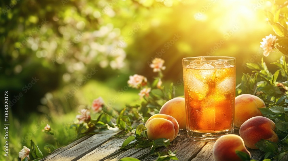 Fresh peaches and a glass of peach iced tea on a wooden table, surrounded by summer flowers and greenery. Fresh peaches and a glass of peach iced tea on a wooden table, surrounded by summer flowers and greenery.