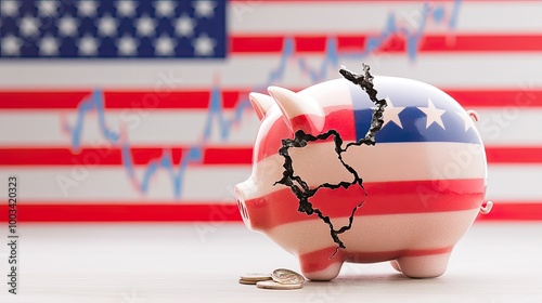 Cracked piggy bank with American flag design, symbolizing financial instability and economic issues, with a background graph showing the growth of the U.S. national debt.
