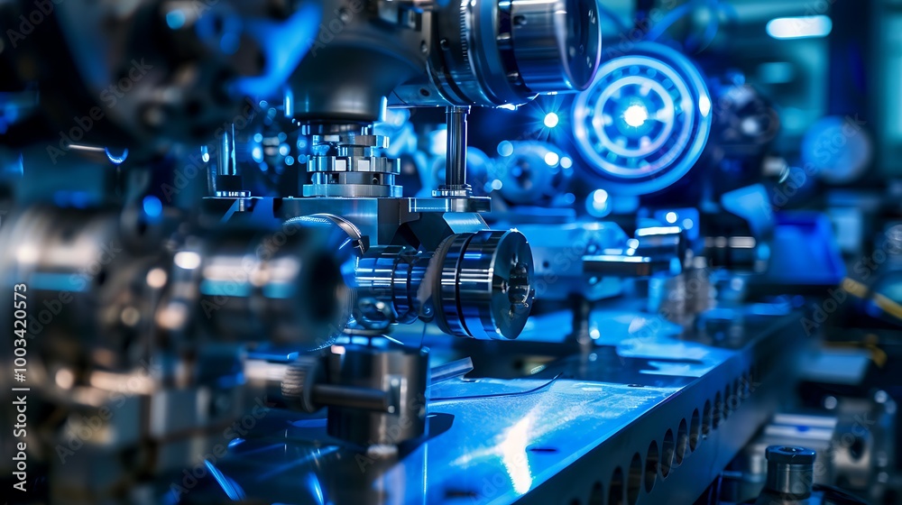 Industrial AI Robot Scanning Machinery with Precise Sensors in Blue-Lit Factory Industrial AI Robot Scanning Machinery with Precise Sensors in Blue-Lit Factory