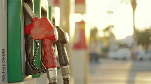 Oil pump and fuel nozzles at a street gas station during daylight, highlighting energy distribution, transportation infrastructure, and fuel technology in a modern urban setting.