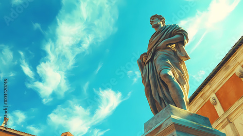 Lower angle view of a statue of a scholar against a bright blue sky background.ai generated image. Italian Piazza. Illustration photo