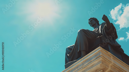 Lower angle view of a statue of a scholar against a bright blue sky background.ai generated image. Italian Piazza. Illustration photo