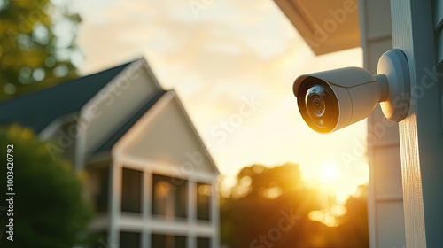 Close-Up of Modern Home Security Camera at Sunset
