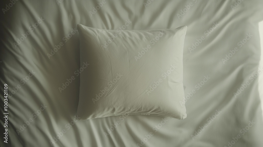 a minimalist, clean top-down view of a neatly made bed, focusing on a single white pillow and white sheets a minimalist, clean top-down view of a neatly made bed, focusing on a single white pillow and white sheets
