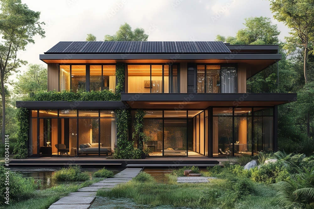 sleek modern house designed with solar panels integrated into the architecture surrounded by greenery symbolizing sustainability and innovation in ecofriendly living sleek modern house designed with solar panels integrated into the architecture surrounded by greenery symbolizing sustainability and innovation in ecofriendly living