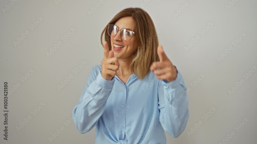 Young blonde woman wearing glasses standing and pointing fingers to camera with happy and funny vibes over isolated white background
