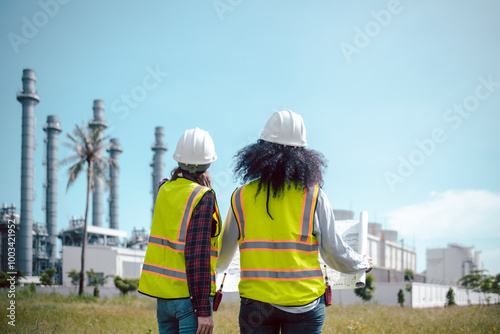 Wallpaper Mural Engineers wearing safety gear, including hard hats examining survey a large blueprint tablet standing industrial facility gas or oil refinery engaged in a job requires high safety standards concept Torontodigital.ca