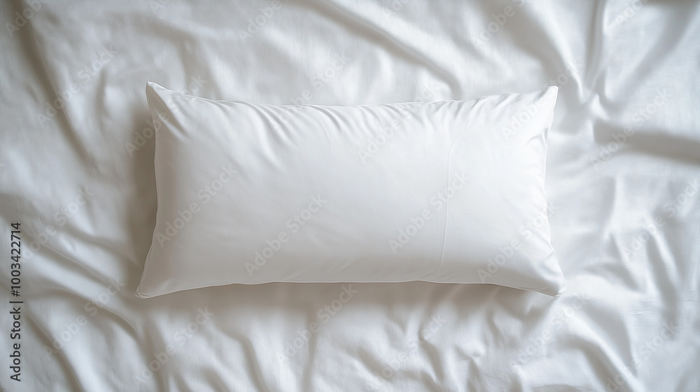 a soft, minimalist top-down view of a rectangular white pillow on smooth white sheets a soft, minimalist top-down view of a rectangular white pillow on smooth white sheets